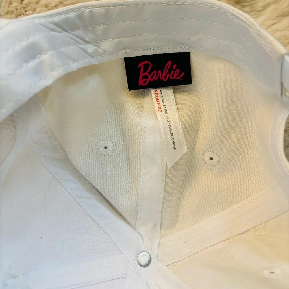 Pink and White Embroidered Barbie Logo 5 Panel Adjustable Hat Cap